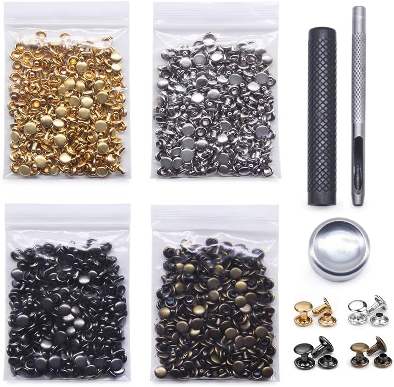 SEMINI 400 Sets Leather Rivets, Double Cap Rivet Tubular 4 Colors Metal Studs with Fixing Tools for DIY Leather Craft/Clothes/Shoes/Bags/Belts Repair Decoration (5x5mm) - Image 1